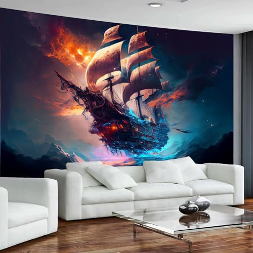 Arsey Geist Piratenschiff Wandteppich Meer Landschaft Wandtuch Ozean Segelboot Wand Teppiche Psychedelic Aesthetic Deko Schlafzimmer Wohnzimmer Partydekoration, Extra Großer 300x180cm
