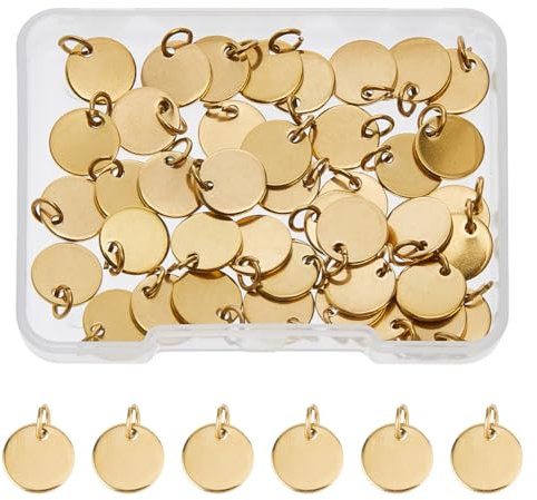 SUPERFINDINGS 40 colgantes en blanco grabados de 10 mm de acero inoxidable 304 con diseño de disco dorado grabable, colgantes redondos planos con anillos de salto, collares, pulseras, aretes para