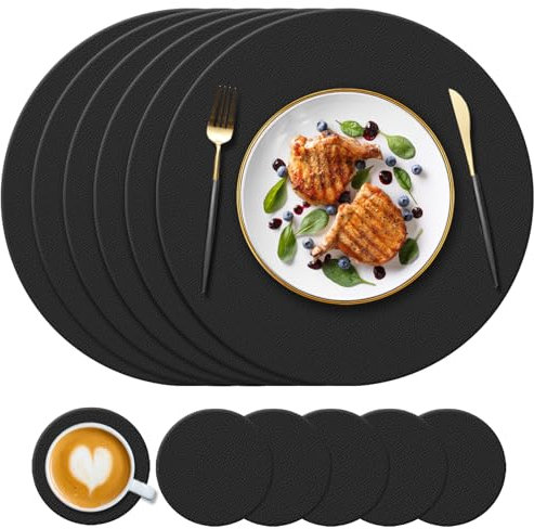 KERYCHIN 6 Round Silicone Placemats(34cm) and 6 Coasters(10cm) Set, Heat-Resistant 450 °F Place Mats, Non-Slip and Washable, Tablemats for Hotel, Restaurant, Kitchen Glass Dining Table, Black