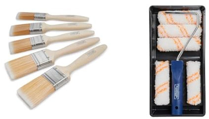 Hamilton For The Trade Fine Tip Brushes | 5 Brush Pack | 1, 1.5, 2, Brown & for The Trade 7 Piece Medium Pile Paint Roller Set with Tray, 4, White/Orange/Blue