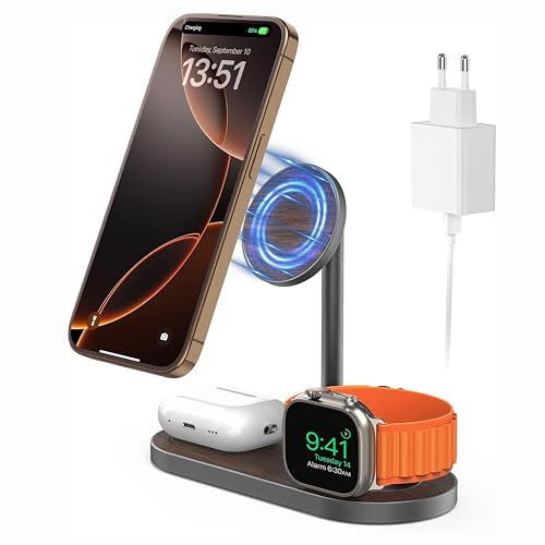 KU XIU 3 in 1 Wireless Charging Station for Mag-safe Aluminum Alloy Charger Stand, Magnetic Wireless Charger for iPhone 16/15/14/13/12 Series for Apple Watch S1-9/Ultra, for AirPods