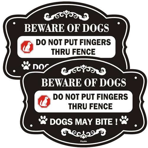 Phyabe 2 Pack Beware of Dog Signs for Fence Sign, Do Not Put Finger Thru Fence. 10 x 7 inch Rust Free Aluminum Sign, Weather Resistant, Waterproof, Durable Ink, Easy to Install
