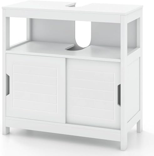 GOPLUS Mueble para Debajo del Lavabo, Gabinete para Lavabo De Baño con Estante Abierto, Armario de Almacenamiento de Baño Recorte En Forma De U, Debajo del Fregadero, 60 x 30 x 60 cm, Blanco