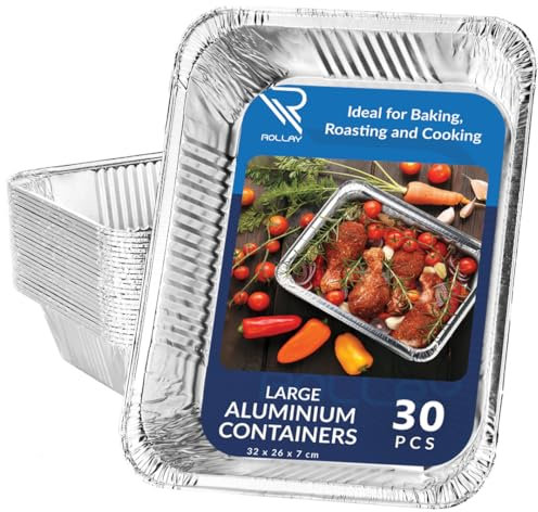 Rollay Grandi vassoi in alluminio profondi (32 x 26 x 7 cm) – vassoi in alluminio per cucinare, cuocere, grigliare, arrostire, barbecue e feste (3500 ml) (30 vassoi)