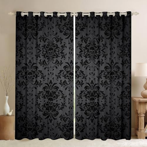 Homemissing Schwarz Damask Fenstervorhang 175x140cm Kinder Vintage Floral Blickdichte Vorhänge für Jungen Mädchen Antique Viktorianisch Barock Vorhänge Gotik Bone Skeleton Gardinen