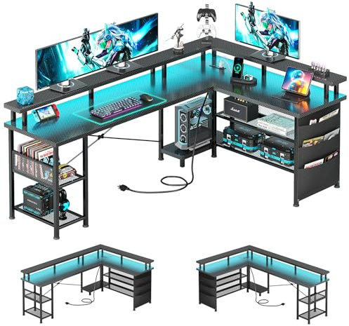 MUTUN 168cm L Shaped Gaming Desk with Power Outlet & LED Lights, Corner Desk with Shelves and Full-size Monitor Stand, Wooden Home Office Desks with Storage Bag, Black