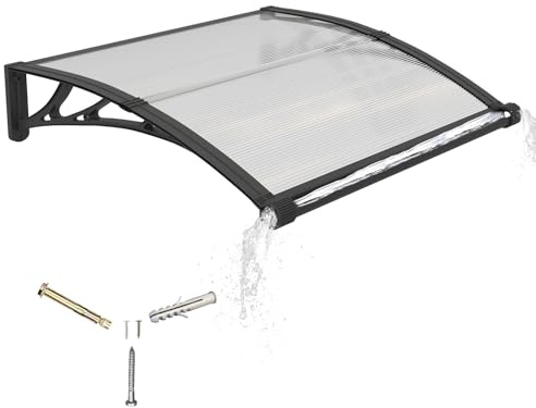 Pensilina da Esterno 100x80 cm in Policarbonato con Grondaia Integrata,Baldacchino Tettoia per Porta,Finestra e Veranda,con Protezione UV,Antipioggia e Antineve