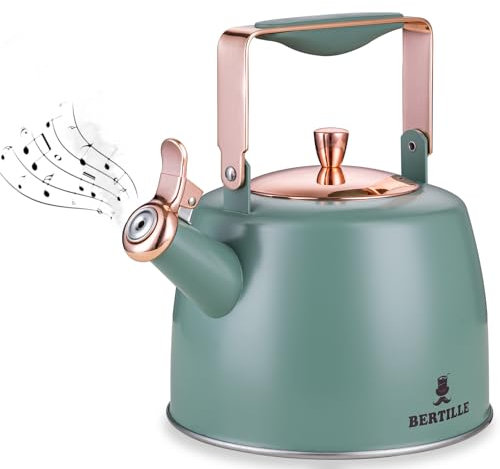 BERTILLE Teekanne, 2,5 l, exquisite Teekanne für Herd, 18/8 Edelstahl, Teekanne, wenn die Temperatur steigt, ändert sich die Farbe, mit Silikon-Klappgriff (grün)