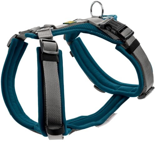 HUNTER Hundegeschirr Maldon UP, Farbe: Petrol/grau, weich gepolstert & komfortabel, stark reflektierend durch 3M Scotchlite, 4-Fach verstellbar, mit gepolstertem Griff (ab S-M), Größe: XS-S