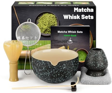 7 Pièces Matcha kit ceremonie japonais, Fouet matcha en Résine Jaune, bol matcha, Pelle en bambo, Porte-Fouet, kit matcha complet, Coffret matcha, Tamis, serviette à thé, Bol Noir