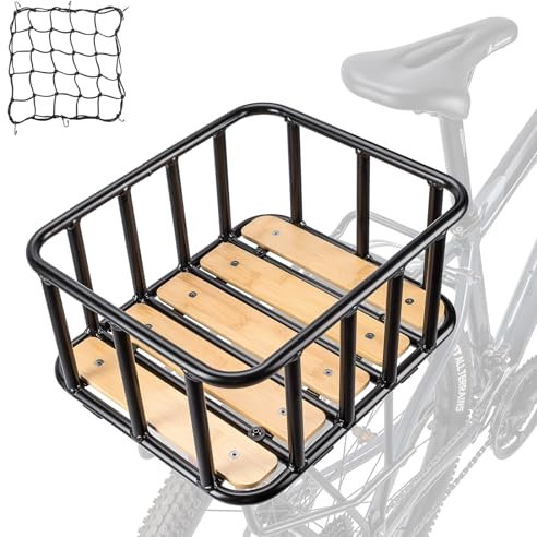 CXWXC Hinterradkorb - Großer Fahrrad Heckkorb mit Gepäcknetz und wasserdichter Abdeckung, Holzsockelkörbe hinten große Kapazität