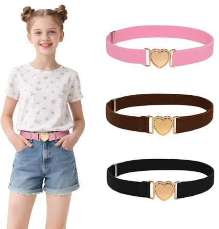 LUBOXIN 3 Stück Kindergürtel Mädchen Elastischer Gürtel Kinder Mädchen | Verstellbare Taillengürtel mit Herzform Schnalle Modischer Kindergürtel für Kleider Jeans Hose(Schwarz + Braun + Pink)