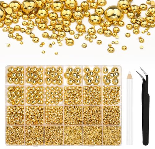Bouiexye 13000 Pcs Gold Flatback Pearls 2/3/4/5/6/8/10mm Half Round Pearls for DIY Crafts Nail Art Shoes Mobile Phone Cases Etc