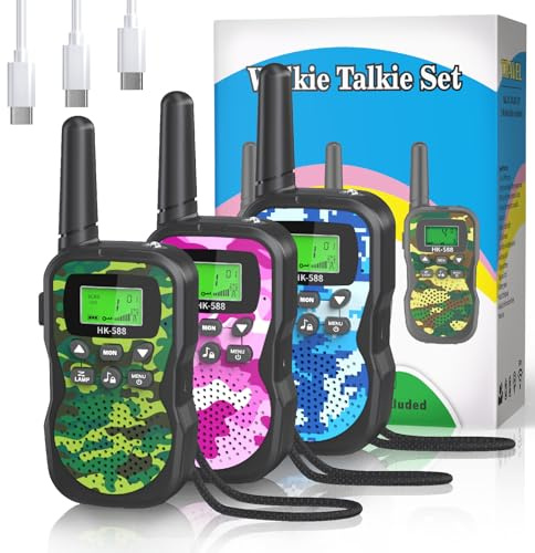 BUKEWIT Walkie Talkie Kinder Aufladbar,3Km walky Talky Kinder mit 8 Kanäle &LED-Taschenlampe,3-12 Jahre Jungen & Mädchen walki talki Kinder Funkgeräte 3er Set Spielzeug (588 Verkleidung)
