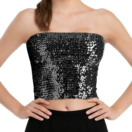 Top corto da donna con paillettes scintillanti, a forma di sirena, senza spalline, metallizzato, per feste e discoteche