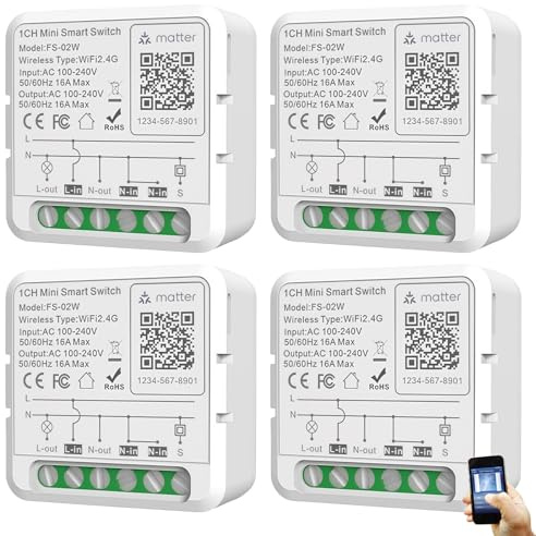 BAIFULAI 4 módulos de interruptor de luz inteligente de 2 vías, interruptor Matter Smart Life, Mini Smart Switch compatible con Alexa, Smart Life, Tuya, interruptor de luz integrado, cable neutro