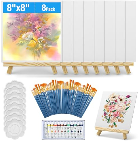 Micvtve 76 Pcs Canvas and Easel, 8 x 8 Inch Canvas Painting Set Includes Inches Canvases,Wooden Easels, Palettes, Paint Brushes, and Acrylic Paint, Painting Set for Kids and Artists Art Party