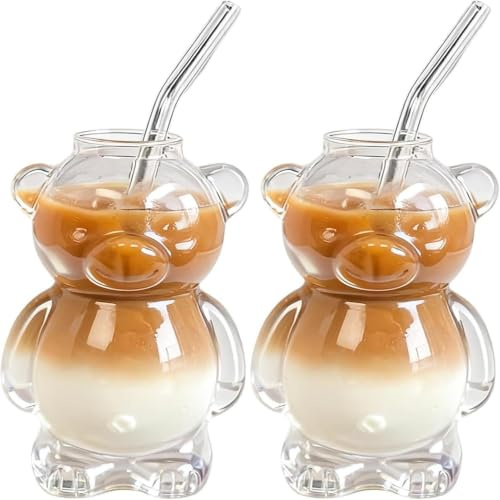 2 Vasos Con Pajita De Osito, Modelo 2025,Vasos De c-ristal Con Forma Osito k-a-waii, Ideales Para Café,cerveza O Cócteles,Aptos Para Microondas,Perfectos Para El Hogar,el Bar O En La Oficina