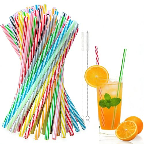 Mauepersu Pailles Réutilisables en Plastique,Lot de 100, 23 cm, Ø6mm | Avec 2 Brosses de Nettoyage, Épaisses et Robustes, Pour Cocktail, Thé, Jus et Fêtes,