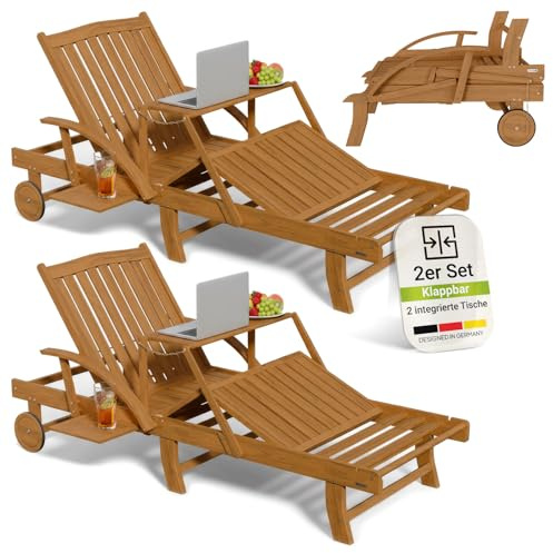 Juskys® 2er Set Sonnenliege SunScape - Natur, Akazie mit verstellbarem Tisch & Beinablage, Stabil & Langlebig, 196x73x30 cm