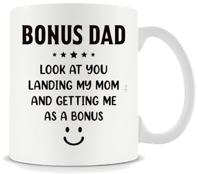 Bonus Dad Mug Funny Gift – Step Dad Gift Mug – “Look At You Landing My Mom” Message – Father’s Day, Birthday Gift for Stepdad, 11oz Coffee, Tea, Ceramic Mug.
