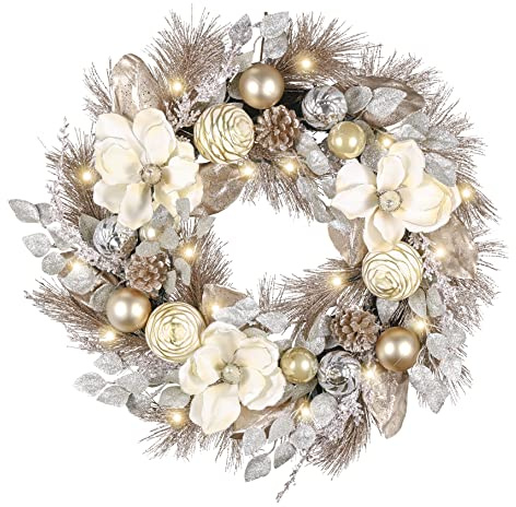 Valery Madelyn 61 cm beleuchteter Weihnachtskranz für Haustür mit Lichtern, großer beleuchteter Weihnachtskranz für den Außenbereich, mit champagnerfarbenen goldenen Weihnachtskugeln, Magnolie für