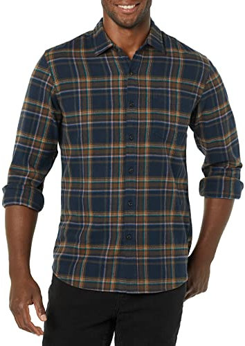 Amazon Essentials Chemise Ajustée en Flanelle à Carreaux avec Boutons et Manches Longues Homme, Brun Bleu Marine Foncé Écossais, XL
