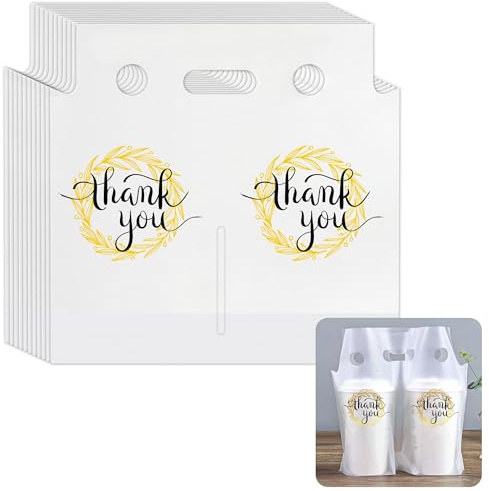 YHNTGB 200 Pcs Handle Drinking Poly Bags Double Cup Clear Plastic Packaging Carriers Take Out Delivery for Beverage Coffee Juice Mike Tea Stores 11 x 11.8 Inch