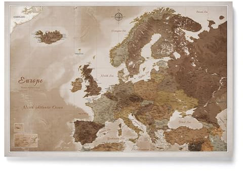 Canvas Europakarte mit Pinnwand Kork zum Pinnen der Reiseziele - Wanddeko für Jeden Raum - Hochwertige Leinwand Bilder mit Europakarte (70x50 cm, Muster 17)