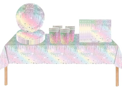 53Pcs Shiny Rainbow Party Tableware Decorations for Girls' Birthday - Macaron Diamond Themed Table Cloth, 7inch Paper Plates, Cups, and Napkins