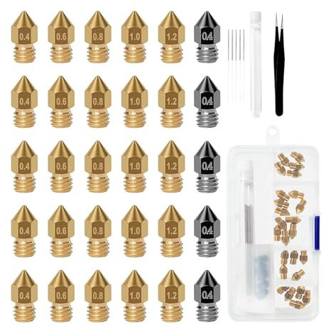 iMetrx 30PCS 3D Drucker Düsen MK8,5x 0,4mm Gehärtetem Stahl düsen +5x(0,4mm 0,6mm 0,8mm 1,0mm 1,2mm) Messing düsen + Reinigungsset,für 3D Drucker Anycubic Mega/Creality CR-10/Ender