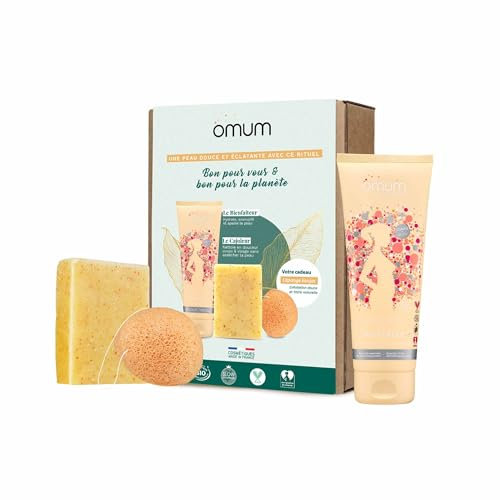 OMUM - Coffret Cadeau Peau Douce et Eclatante 3 soins bio : 1 savon Cajoleur + 1 lait corps Bienfaiteur + 1 éponge Konjac Visage Ma Bonne Fée - Naturel,France,Vegan,Compatible grossesse et allaitement