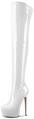 NobleOnly Donna Alto High Spillo Tacco Heel Rotonda Punta Piattaforma Sopra il Ginocchio Stivali Cerniera Ballo Feste Stivali 15 CM Heels Bianco 38 EU