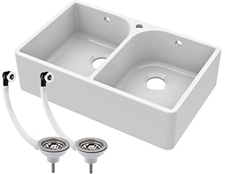 Balterley 795mm Butler White Kitchen Sink, Double Bowl Flush Weir with Tap Hole & 2 Wastes with Overflow, Durable Butler Fireclay Ceramic Kitchen Sink Bowl, Farmhouse Sinks - 795 x 500 x 220mm (White)