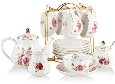 Sweejar Home Porzellan-Teeset, British Royal Serie, Tassen und Untertasse, Service für 6 Personen, mit Teekanne, Sahnekrug, Teelöffel und Teesieb, geeignet für hohen Tee (rote Blume)