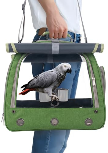 Bird Carrier Parrot Travel Cage with Perch, Food Bowl, Tray and Breathable Clear Window, Bird Travel Bag for African Gray Cockatiel Caique Conure Quaker, for Vetting Camping Hiking (Green)