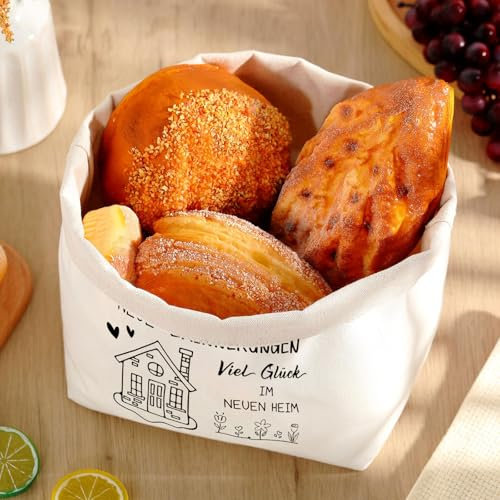 Gebrazy Brotkorb Stoff - Einzugsgeschenke Wohnung, Geschenk Zum Einzug Geschenkidee, Nachhaltiger Brötchenkorb Modern aus Stoff für Frühstück, Brunchen & Feiertage (Weiß) (Haus + Blume)