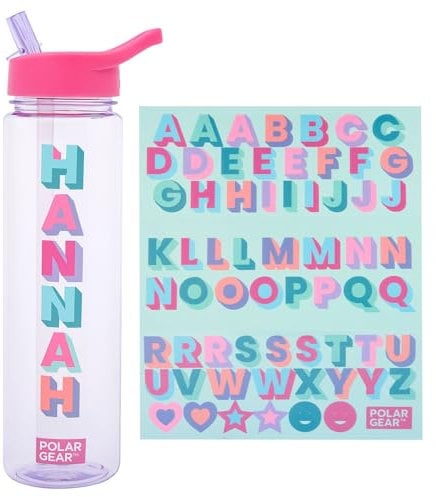 Polar Gear 600ml Kids Water Bottles with Straw and A-Z Sticker Sheet | Personalised Water Bottle Kids Can Decorate | Customisable Childrens Drinks Canteens for Boys and Girls for School, Sports, Home