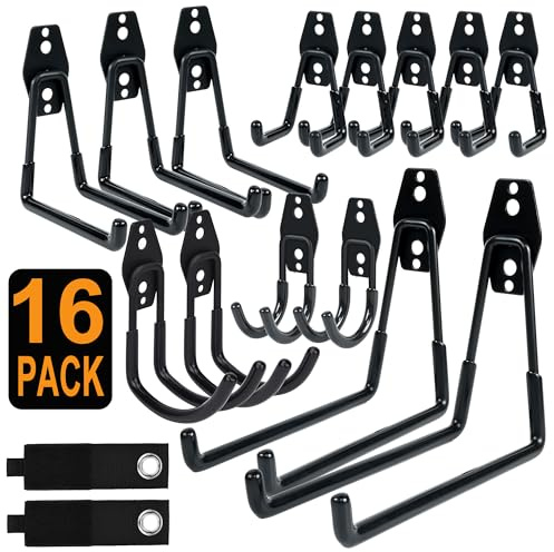 16 Pack-Garagen-Wandhaken-Organisatoren für Hochleistungsschnur für Garagenlager, Schlauchhalter und Organisation-langlebig, platzsparendes Design für Heim-, Garage- und Workshop-Nutzung