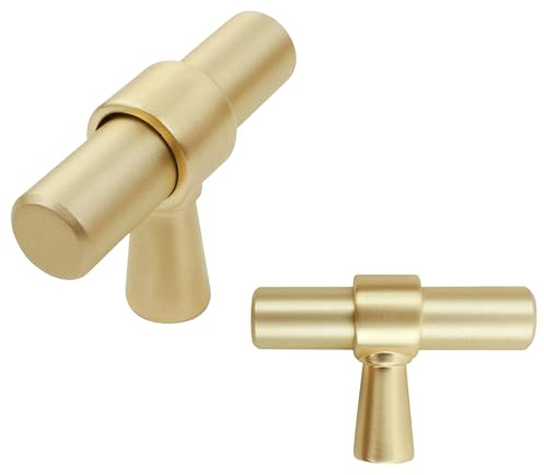 keypak 10 Pack Brushed Brass Smooth Kitchen Cupboard Handles 50mm Knob | Aluminium T-Bar Pulls for Cabinet, Wardrobe Doors, Chest of Drawers