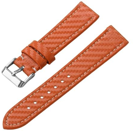 HuanJ Uhrenarmband aus echtem Leder mit Kohlefaser, 18 mm, 20 mm, 22 mm, 24 mm, Armband aus Kohlefaser-Korn(Orange,22mm,Black buckle)