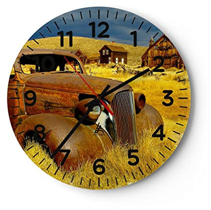 Modern Wanduhr Bauernhof altes Auto aufgegeben 40x40cm Rund Groß Wand Uhr Glas Analog Zimmeruhren Küche Büro Wohnzimmer Glasuhr Wall Clock Dekoration Design Wanddekoration Küchenuhr C4AR40x40-1289