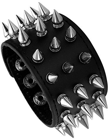 MILAKOO Unisex Black Metal Spike besetzt Punk Rock Biker breiter Riemen Leder Armband Kette Armband verstellbar