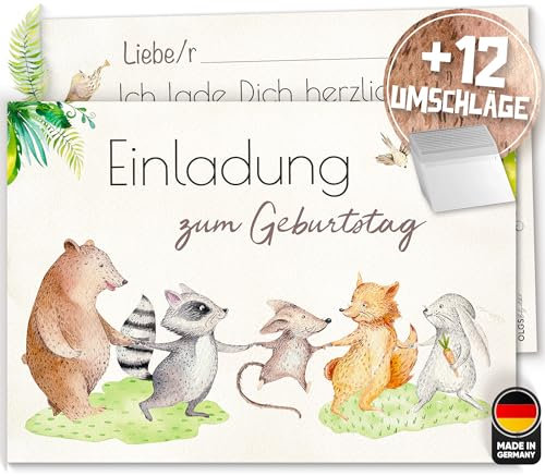 Olgs Tierfreunde Kindergeburtstag Einladungskarten, 12er Set zum Ausfüllen, inkl. Umschläge, für Mädchen & Jungen
