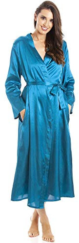 Camille Womens Luxury Long Satin Wrap - Ladies Lightweight & Breathable Summer Nightwear with Tie Belt Fastening Teal 10-12
