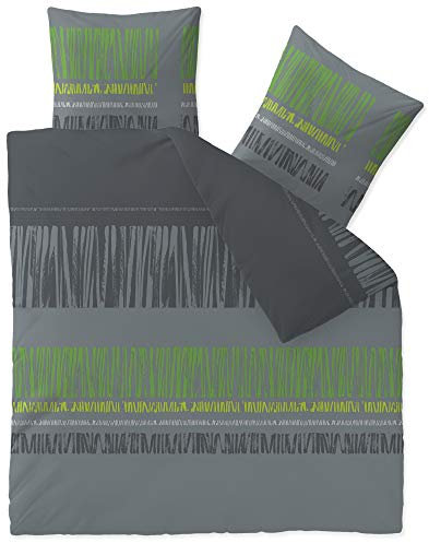 CelinaTex Touchme Biber Bettwäsche 200 x 220 cm 3teilig Baumwolle Bettbezug, Set, Bettgarnitur für Sommer und Winter, ganzjährig, pflegeleicht, Anni grau schwarz grün