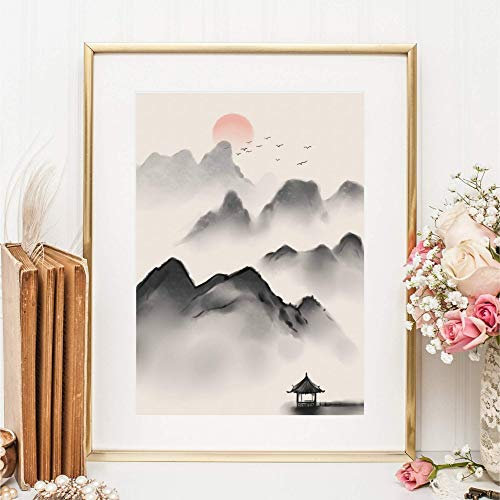 Kunstdruck Din A4 ohne Rahmen - Asiatische Landschaft Kunst China Japan Gebirge Asien Sonne Tusche Druck Bild