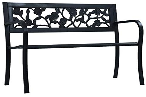 vidaXL - Black Steel Garden Bench with Vintage Style and Rose-Patterned Plastic Backrest – Weather Outdoor Seating (125 x 53 x 77 cm)