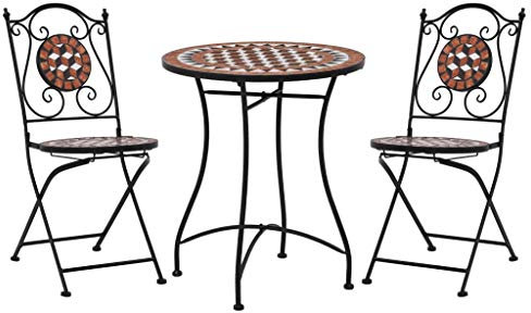 Tidyard Bistroset mit Klappstuhl Balkonset Balkonmöbel Garten Sitzgruppe 2 Personen Sitzgarnitur Gartengarnitur Gartenmöbel Set, 3-TLG Keramik Eisenrahmen Terracotta-Rot und Weiß