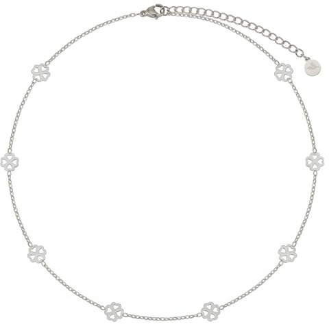 BONNYBIRD® Kleeblatt Kette Silber Damen Edelstahl Glücksbringer Halskette Kurz Choker Frauen Wasserfest Schmuck Silberkette Prüfung Firmung Abitur Kommunion Geschenk OP Gute Besserung Viel Glück
